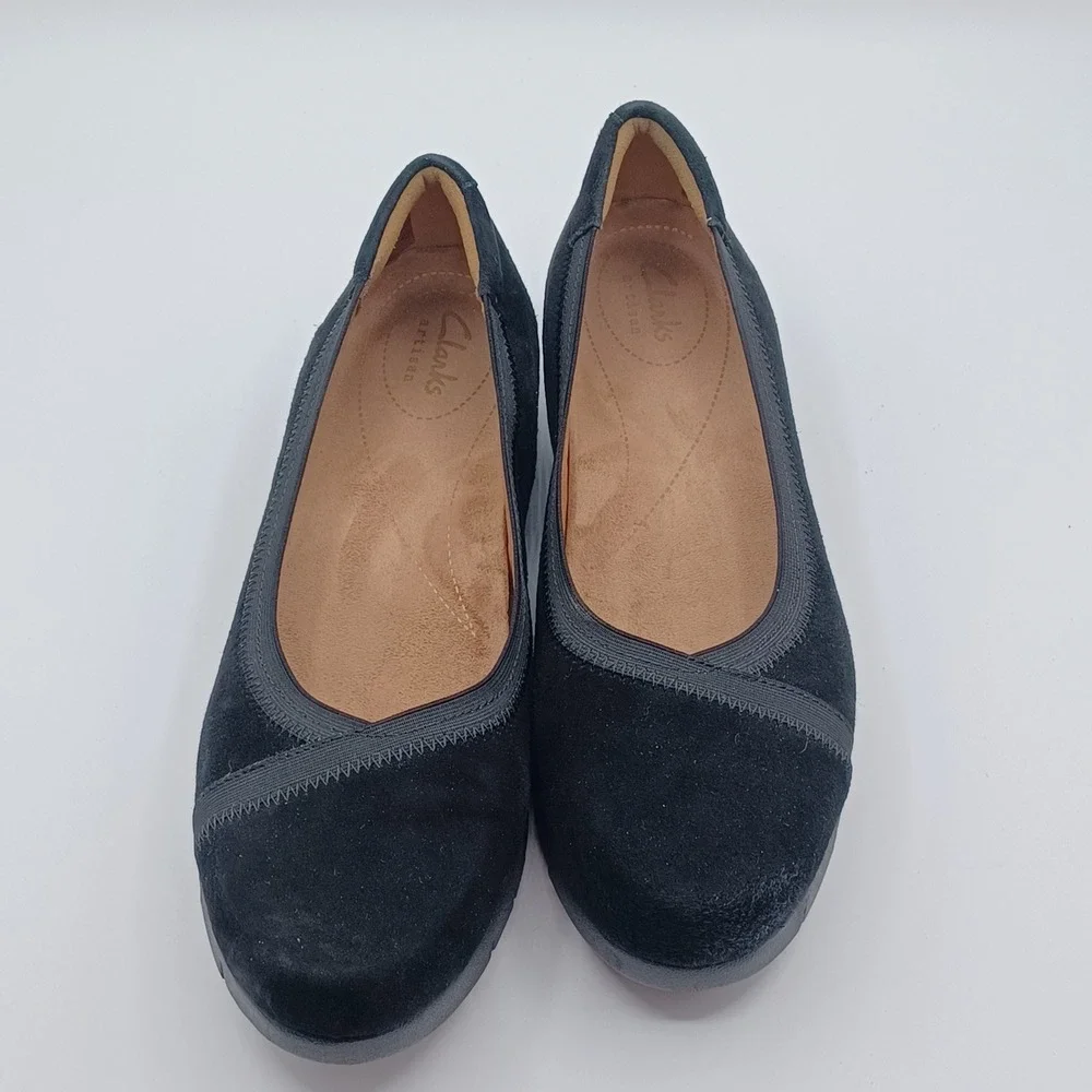 Clarks Artisan Wedge Pumps Womens 9.5 Black Suede Slip On‎ Shoes NEW